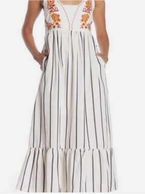 MELLODAY White Maxi Dress with Navy Stripes and Orange Floral Embroidery